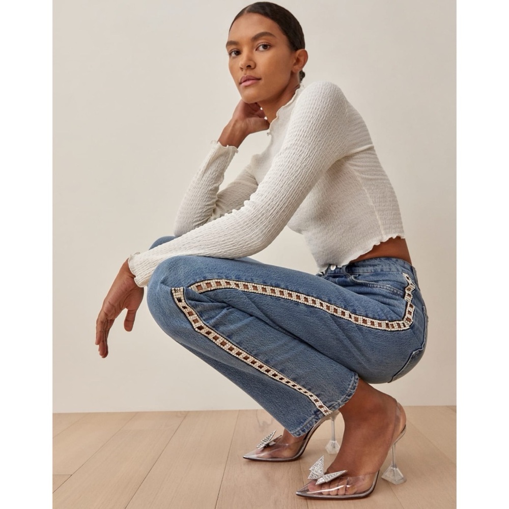 Reformation Jeans Crystal High Rise Straight Leg Embellished Full Length Size 29